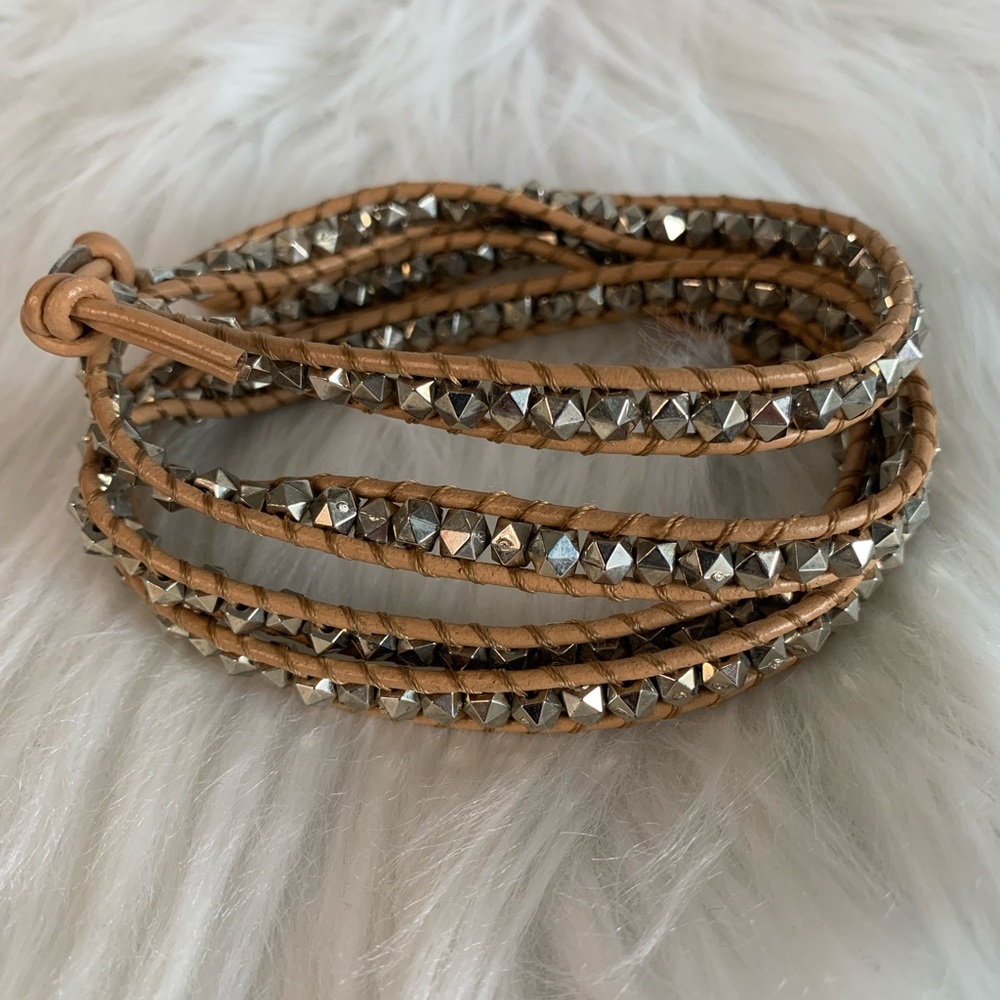 Chic Tan and Silver Beaded Wrap Bracelet